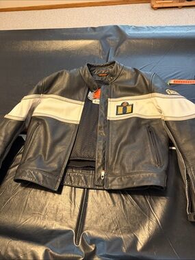 ICON Black Leather Bomber Jacket with White Chest Stripe